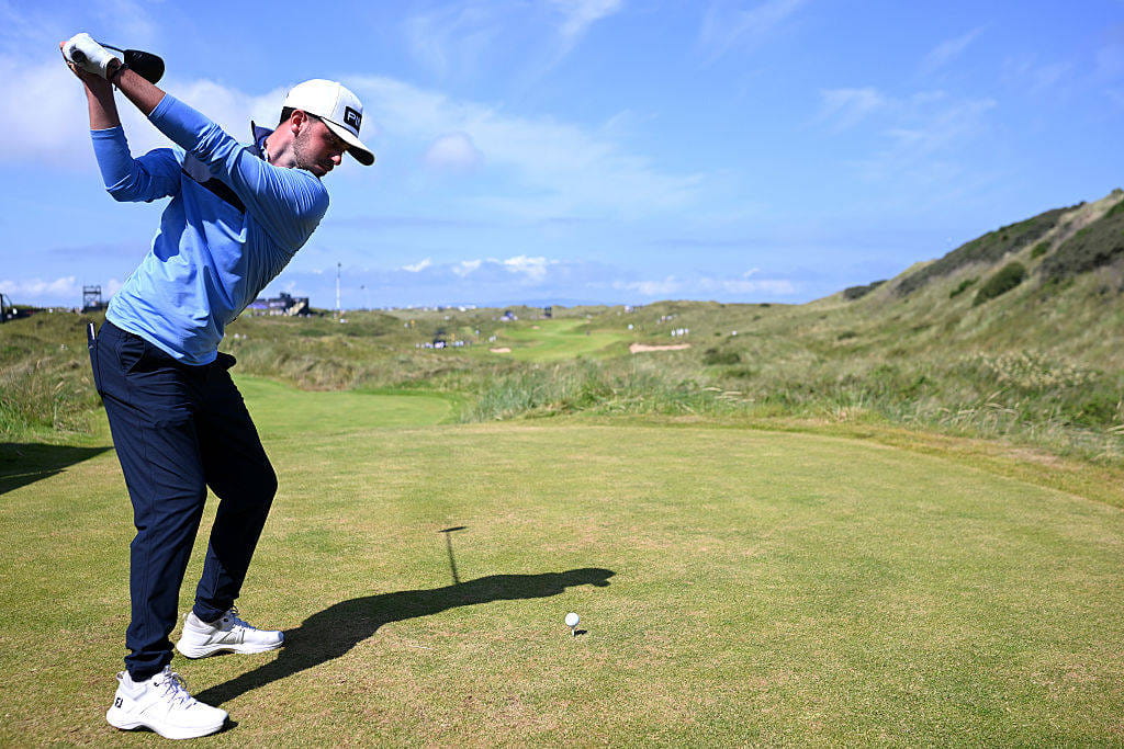 Frazer Jones tees off during a practice round at Royal Portrush